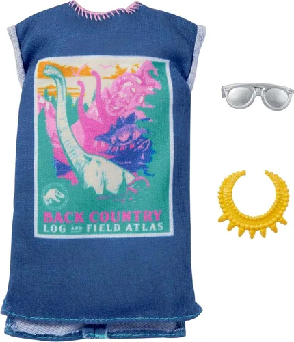 Barbie Ropa de muñeca inspirada en Jurassic World: Dominion, look completo con 2 accesorios, vestido camiseta con gráfico colorido de dinosaurio,