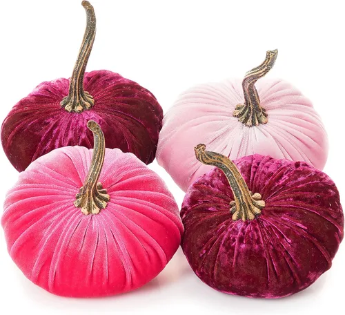 Miniatura 10 de Your Heart's Content Juego de 4 calabazas pequeñas de terciopelo, decoración del hogar hecha a mano, decoración de manto festivo, centro de mesa