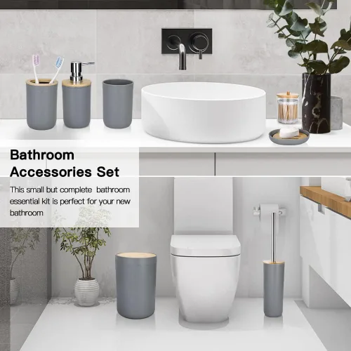 Miniatura 6 de Otostar Juego de accesorios de baño gris de bambú con soporte Qtip dispensador de jabón, soporte para cepillos de dientes, vaso, jabonera, soporte