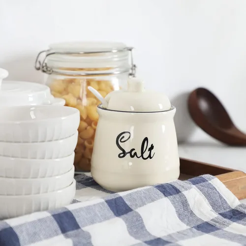 Miniatura 2 de Farmhouse - Sal de porcelana con tapa y cuchara, 12 onzas, fácil de limpiar (beige)