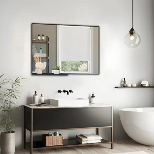 Miniatura 15 de ANYHI Espejos de baño para pared, espejo de pared de metal con estante, perfecto para sala de estar, dormitorio, entrada, rectangular, vertical Negro