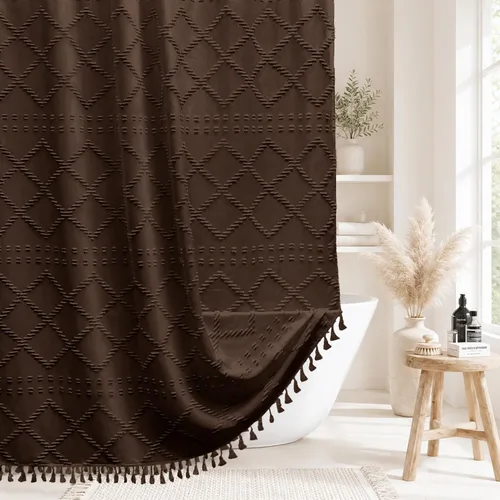 Miniatura 39 de Siiluminisoy Cortina de ducha bohemia rosa con textura y borlas de 72 x 72 pulgadas con tul, cortina de ducha de chenilla tejida con rayas chevrón