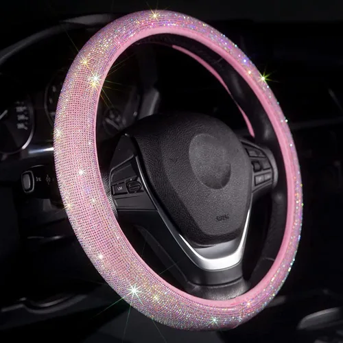 Carwales - Funda para volante rosa brillante con diamantes de imitación para mujeres, accesorios de coche deslumbrantes con brillos, diamantes de