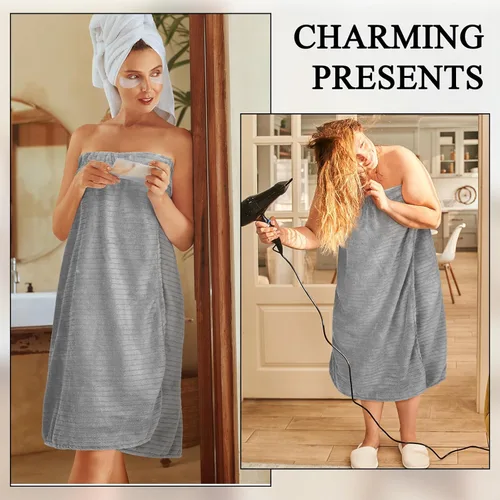 Miniatura 12 de Tigeen 2 toallas para mujer, bata de spa ligera a rayas con cierre ajustable, parte superior elástica, bata de baño suave para spa