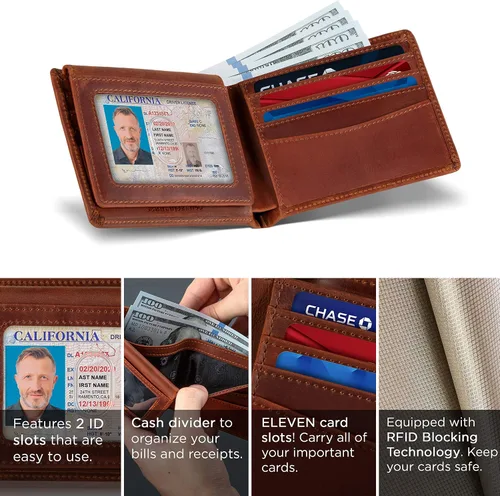 Miniatura 20 de SERMAN BRANDS Billetera de piel con 2 ventanas de identificación para hombre, con bloqueo RFID, doble tapa superior, billetera de viaje de capacidad