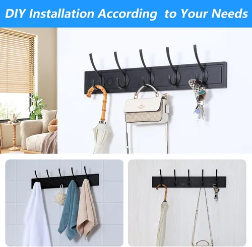 Miniatura 5 de HOME MASTER HARDWARE Perchero de pared negro, ganchos de pared de MDF para colgar abrigos, estante decorativo para sombreros de 27" para pared con 5