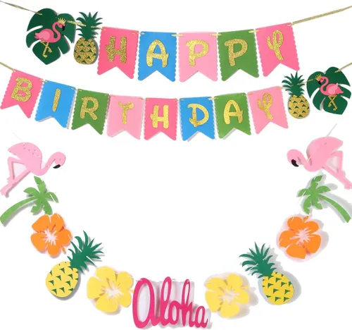 Miniatura 9 de Decoración de fiesta hawaiana Suministros de fiesta Luau Banner tropical hawaiano, guirnalda de flamencos para suministros de cumpleaños