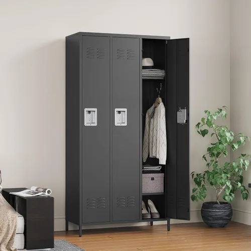 Miniatura 5 de Letaya Taquillas de metal para empleados: armario de almacenamiento de 3 puertas con estantes y gabinete de acero con cerradura para la escuela