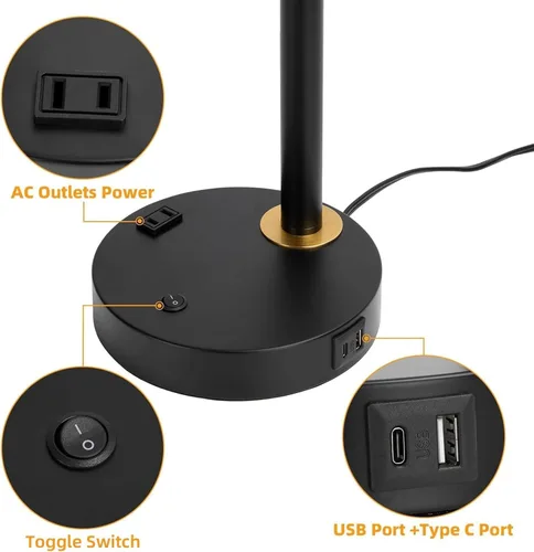 Miniatura 7 de Lámpara de escritorio con USB-C, USB-A y toma de CA, lámpara de escritorio de metal ajustable con cabezal giratorio de 340°, lámpara de mesa