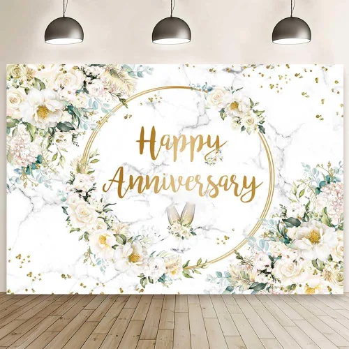 MEHOFOND Telón de fondo de feliz aniversario de 7 x 5 pies con diseño floral blanco para fotografía de aniversario de boda, fondo geométrico de