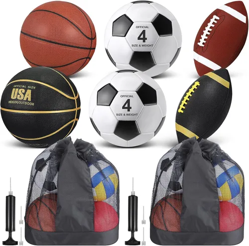 Lenwen Juego de 6 pelotas deportivas para niños y adolescentes, incluye balón de fútbol de baloncesto de tamaño oficial con bolsas de equipo