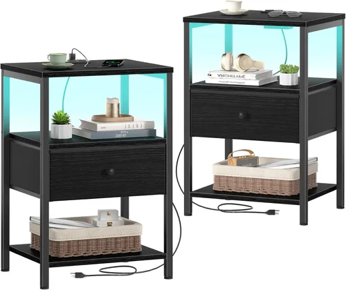 Miniatura 10 de BOLUO - Mesita de noche blanca con estación de carga, mesita de noche LED con cajones de tela y estante, mesa de cabecera con puertos USB y tomas