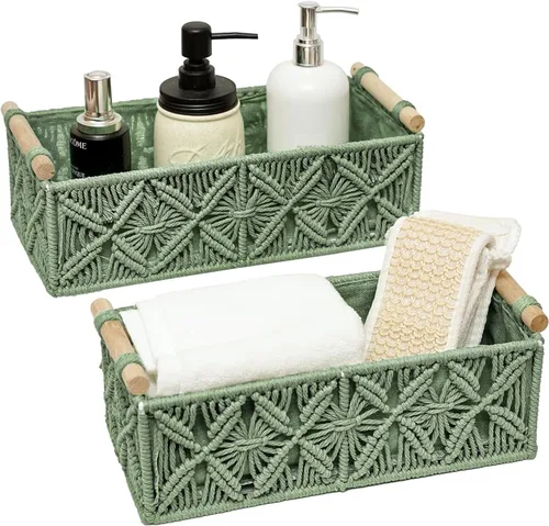 Miniatura 11 de Cesta de almacenamiento de macramé, canasta decorativa bohemia para organizar, cesta decorativa tejida para encimera, cesta de papel higiénico