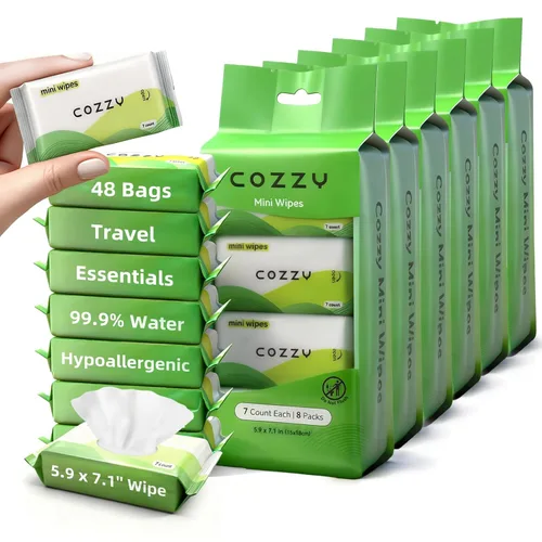 COZZY Mini toallitas de viaje ultracompactas, suaves y agradables al tacto, sin perfume, sin alcohol, sin parabenos, ideales para adultos, niños y
