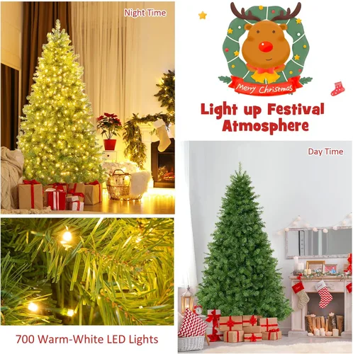 Miniatura 3 de GOFLAME Árbol de Navidad preiluminado de 7 pies, árbol de Navidad artificial con 700 luces LED y 1188 puntas de rama, árbol de Navidad con bisagras