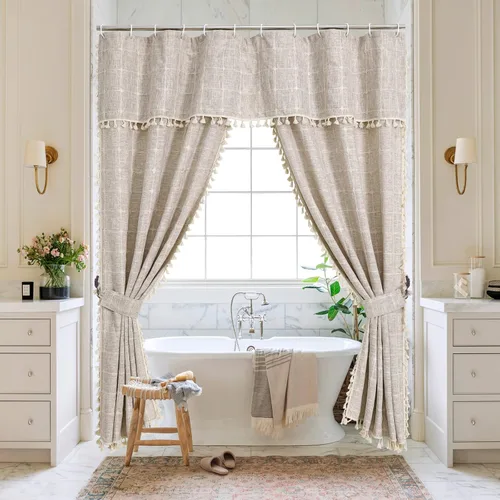 Miniatura 24 de MitoVilla Juego de cortinas de ducha estilo bohemio, modernas cortinas de ducha bohemias para decoración de baño, cortina de ducha de tela de lino