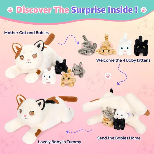Miniatura 3 de Onsoyours Original 5 piezas de animales de peluche de gato con bebés adentro, peluche Kawaii Kiity con mamá y 4 gatitos - Lindos juguetes de peluche