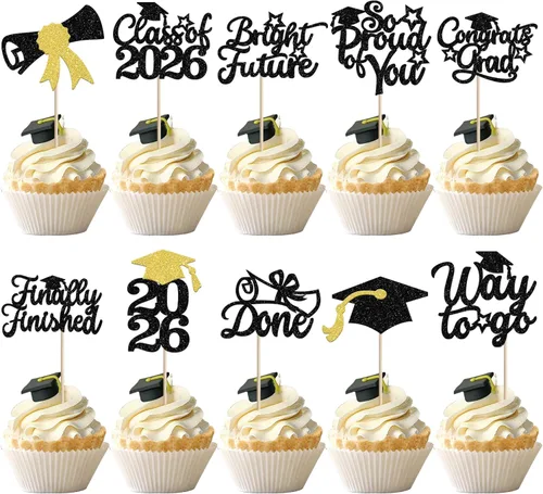 30 piezas de decoración para cupcakes de graduación para la clase de 2026 con purpurina brillante para el futuro diploma hecho 2026 Felicidades