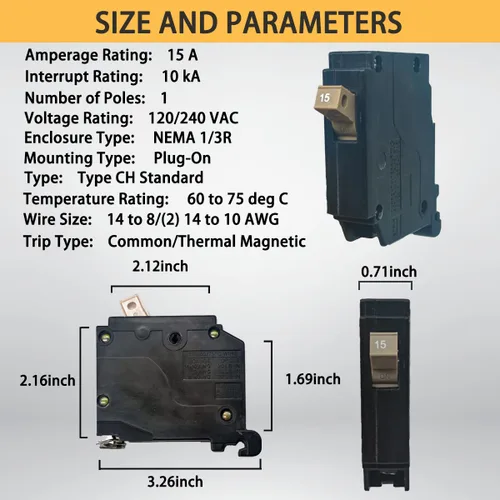 Miniatura 2 de Interruptor de circuito de 15 Amp, 1 polo, tipo de enchufe de 3/4 de pulgada, disyuntor de caja moldeada compatible con centros de carga OEM, 10KA