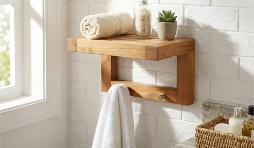 Miniatura 4 de Estante de pared plano de teca Moa de 12" con ganchos