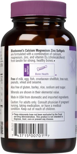 Miniatura 3 de Bluebonnet Nutrición Calcio Magnesio Zinc Plus Vitamina D3, 1000 mg de Calcio, 500 mg de Magnesio y 15 mg de Zinc, 400UI de Vitamina D3, Para Huesos