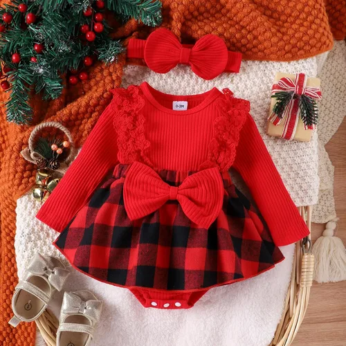 Miniatura 2 de Ehfomius Conjunto de mameluco de Navidad para bebé niña, con volantes, de manga larga, a cuadros, con diadema