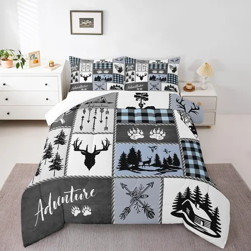 Miniatura 6 de Juego de edredón Deer Bear para niños tamaño completo, juego de ropa de cama rústica de aventura de caza para decoración de habitación de niños