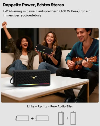 Miniatura 5 de Altavoz Bluetooth, altavoz retro StageSound inalámbrico, altavoz portátil con refuerzo de graves, 80 W, IP67 impermeable, luces LED, emparejamiento