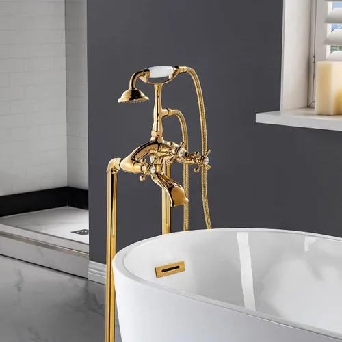 Miniatura 4 de WOODBRIDGE F0019PG - Grifo de bañera con doble manija para montaje en el suelo, dorado Oro