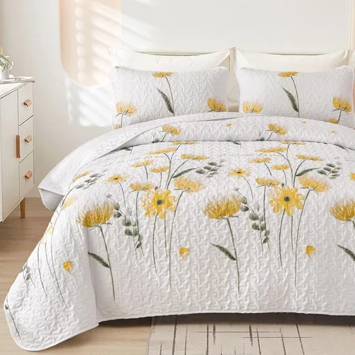 Miniatura 13 de Dinjoy Juego de colcha floral tamaño Queen, colcha azul agua tamaño Queen de 3 piezas, juego de ropa de cama ligera de estilo granja, colcha
