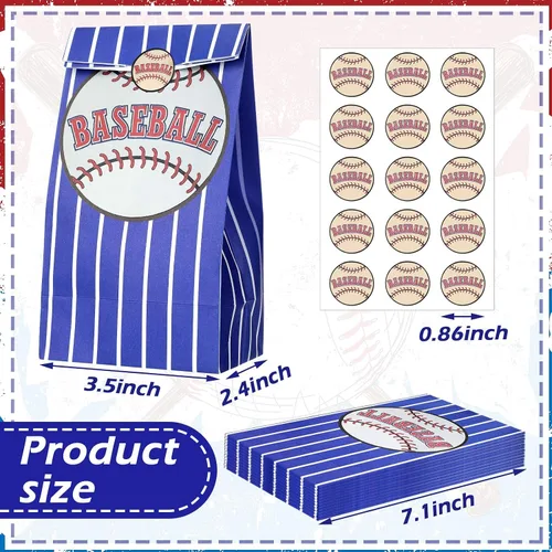 Miniatura 5 de Outus 30 bolsas de regalo de béisbol, bolsas de papel azules con calcomanías para fiestas temáticas de equipo, decoración de cumpleaños, celebración