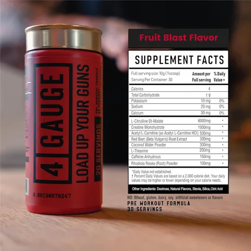 Miniatura 5 de Preentrenamiento explosivo de calibre 4 sin nerviosismo 30 porciones Potenciador de óxido nítrico L-citrulina, L-carnitina, creatina Sin