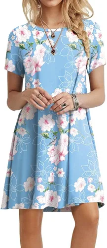 POPYOUNG - Vestido de verano 2022 tipo camiseta para mujer diseño informal de manga corta estilo bohemio para la playa