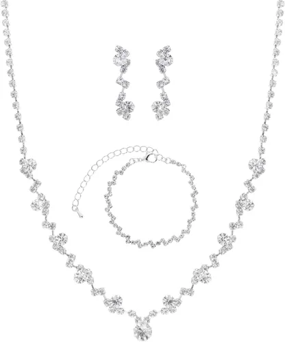Jmkcoz Women Jewelry Set Silver Necklace Earrings Bracelet Rhinestone Crystal Bridal Wedding Jewelry Sets for Brides Bridesmaid Wedding Party