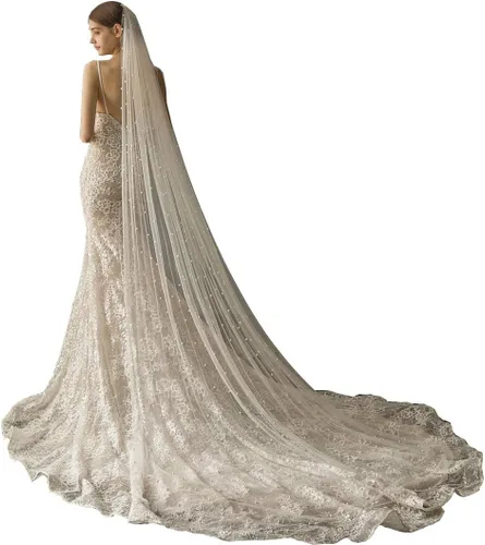 EllieHouse Mujeres largo catedral longitud 1 nivel perla boda velo nupcial con peine de metal HD34