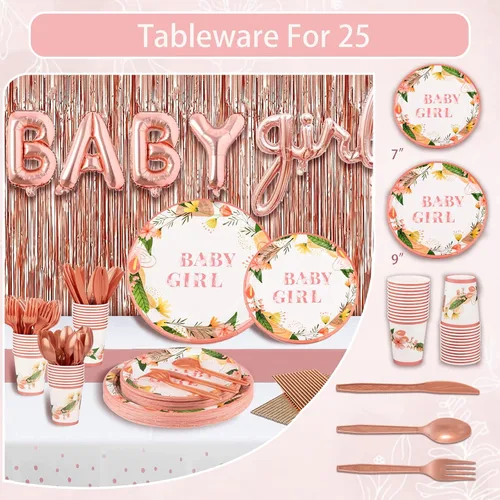 Miniatura 3 de Guudmua 303 piezas de decoración de baby shower para niña, kit de decoración de baby shower para niña, juego de vajilla desechable con flores de oro