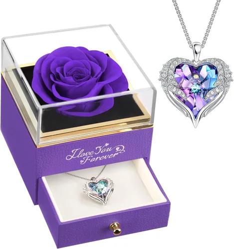 Miniatura 9 de NEWNOVE Rosa real preservada en color azul claro con collar de ángel, regalos de aniversario y cumpleaños para mujeres, esposa, novia, mamá, ideas