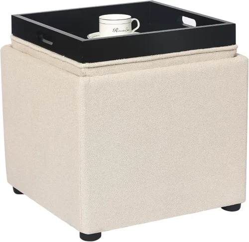 Miniatura 14 de Adeco Otomana de almacenamiento cuadrado de 17" con tapa de bandeja reversible, reposapiés de pana para sala de estar, pequeña mesa de café y mesa