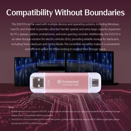 Miniatura 11 de Transcend ESD310 SSD externo de 1 TB, hasta 1,050 MB/s, unidad USB dual para iPhone17,16,15, iPad y Mac/Pixel10/Tesla/Steam Deck/ROG Ally/MSI Rosa