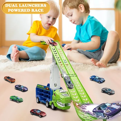 Miniatura 5 de Juguetes de camiones de dinosaurio para niños de 3, 4, 5, 6, 7, 8 años, juguetes de pista de carreras de camiones transportadores, juguete de coche