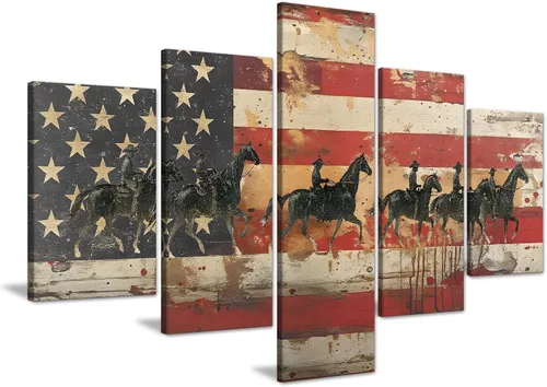 Miniatura 11 de Arte de pared de concepto patriótico, pintura de bandera estadounidense y británica, lienzo de estrellas y rayas, 5 paneles, arte moderno americano