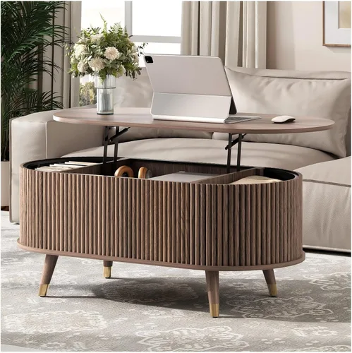Miniatura 10 de JOINICE - Mesa auxiliar cuadrada con tapa elevable para sala estar u oficina en casa, con almacenamiento, compartimento oculto, estilo moderno Nogal