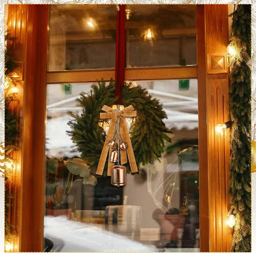 Miniatura 5 de Juego de 2 campanas rústicas de vaca de Navidad con cinta de terciopelo caqui de 25 yardas, campanas colgantes vintage navideñas hechas a mano