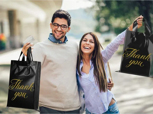 Miniatura 6 de Outus 120 bolsas negras de regalo de agradecimiento con asas de 9 x 12 pulgadas, bolsa de plástico para pequeñas empresas, madres, profesores, Negro
