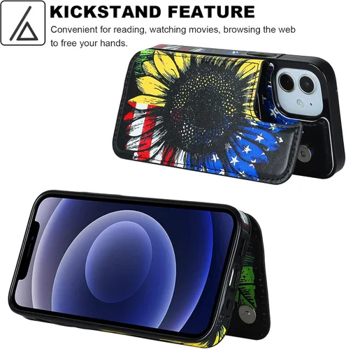 Miniatura 4 de HAOPINSH Funda tipo cartera para iPhone 12 Mini con tarjetero y diseño de girasoles de bandera americana, tapa trasera de piel sintética, ranuras