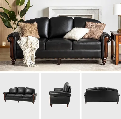 Miniatura 6 de HULALA HOME Sofá de cuero genuino de 3 plazas, sofá tradicional para sala de estar con patas de madera maciza talladas, color negro