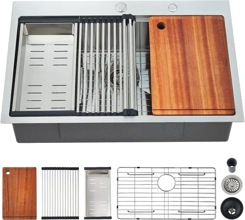 Miniatura 11 de Fregadero de cocina con plato individual con tabla de cortar, 30 x 22 x 10 pulgadas, color negro plomizo, acero inoxidable calibre 16 Negro