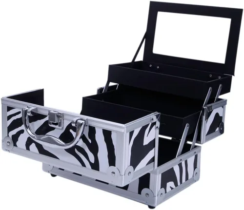 Miniatura 5 de Caja de tren de maquillaje de aluminio ligero, joyero, organizador de cosméticos con espejo (9.06 x 5.91 x 5.91) (largo x ancho x alto) cebra