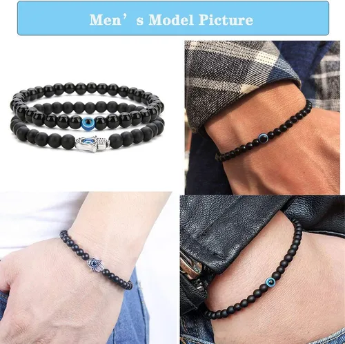 Miniatura 6 de RUIZHEN - 2 Pulseras elásticas con cuentas azules de ojo malvado, 7 chakras, piedra de lava, mano de Hamsa