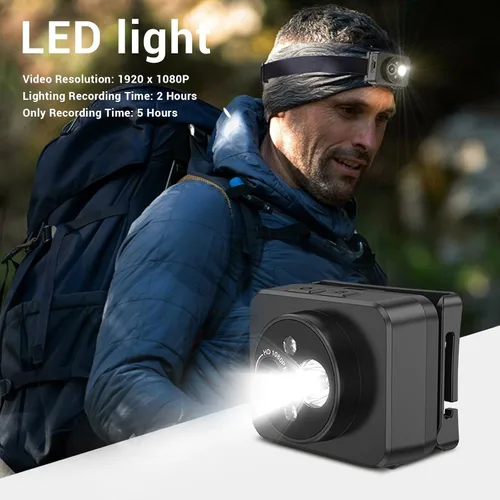 Miniatura 2 de ciciglow Cámara de acción montada en la cabeza, ángulo ajustable de 1080P, cámara deportiva montada en la cabeza pequeña, faro LED, cámara de video